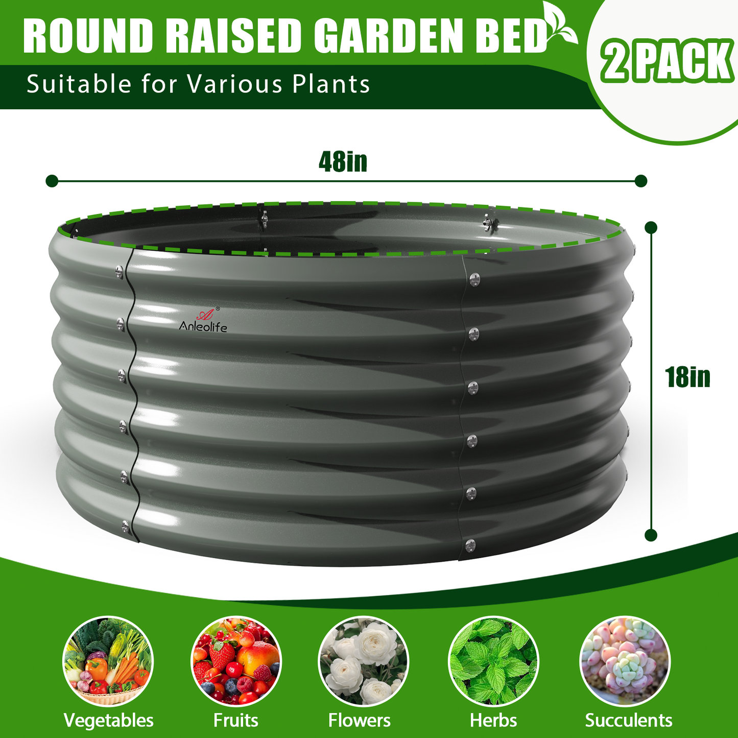 4x1.5ft / 3x2ft Round Modular Metal Raised Garden Beds Set (Grey)