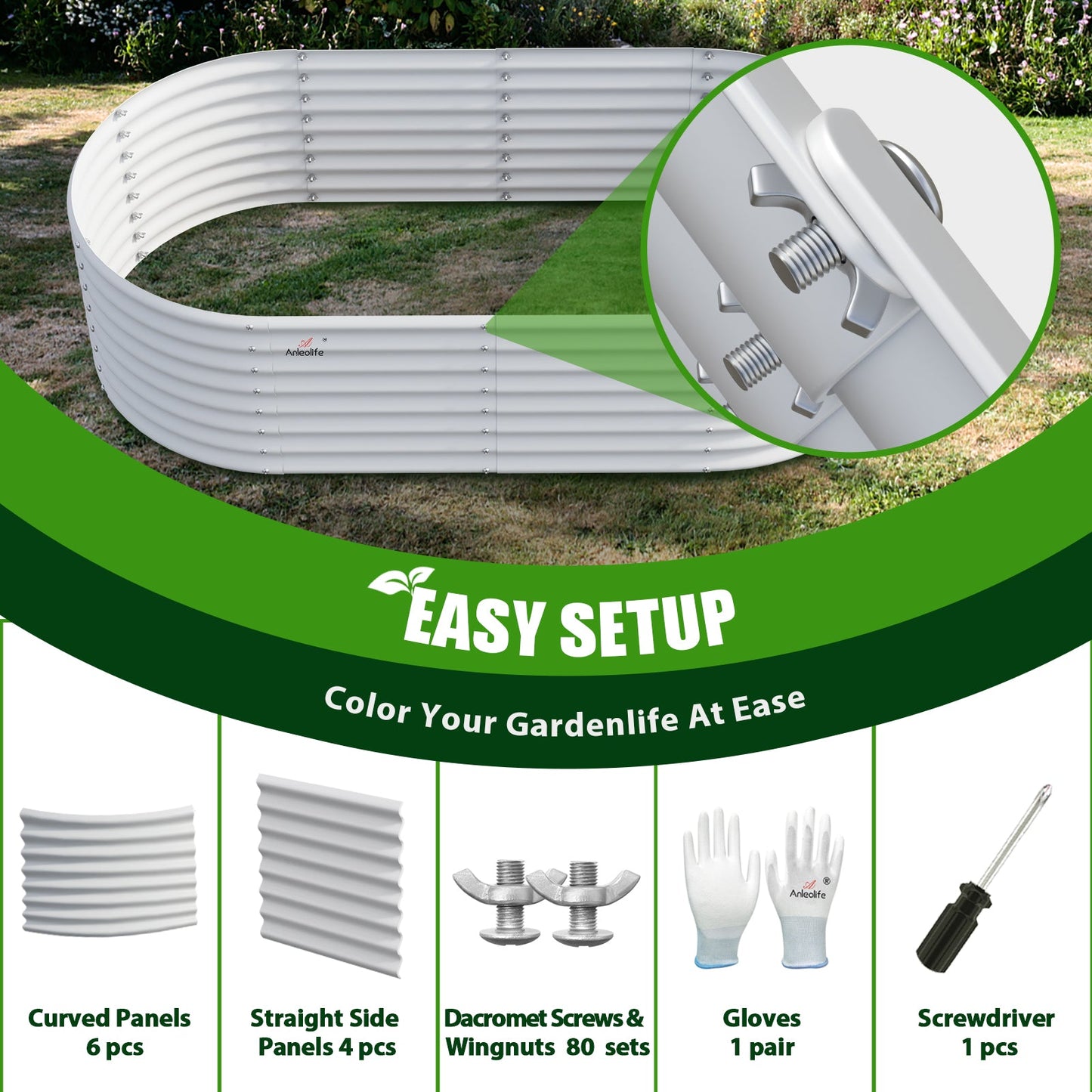 6x3x2ft Oval Metal Raised Modular Garden Bed Set (White)