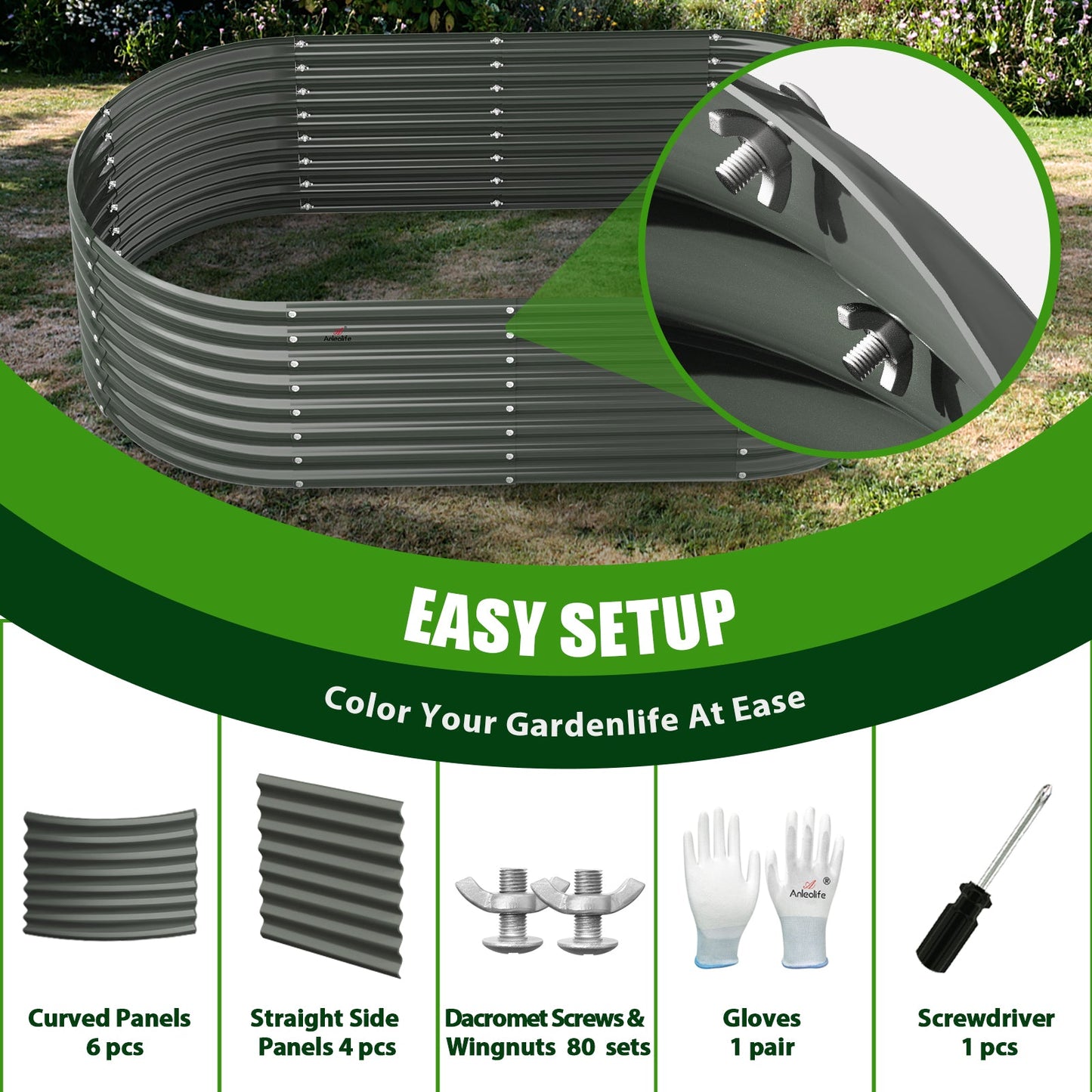 6x3x2ft Sturdy Oval  Metal Raised Garden Bed Set (Grey)