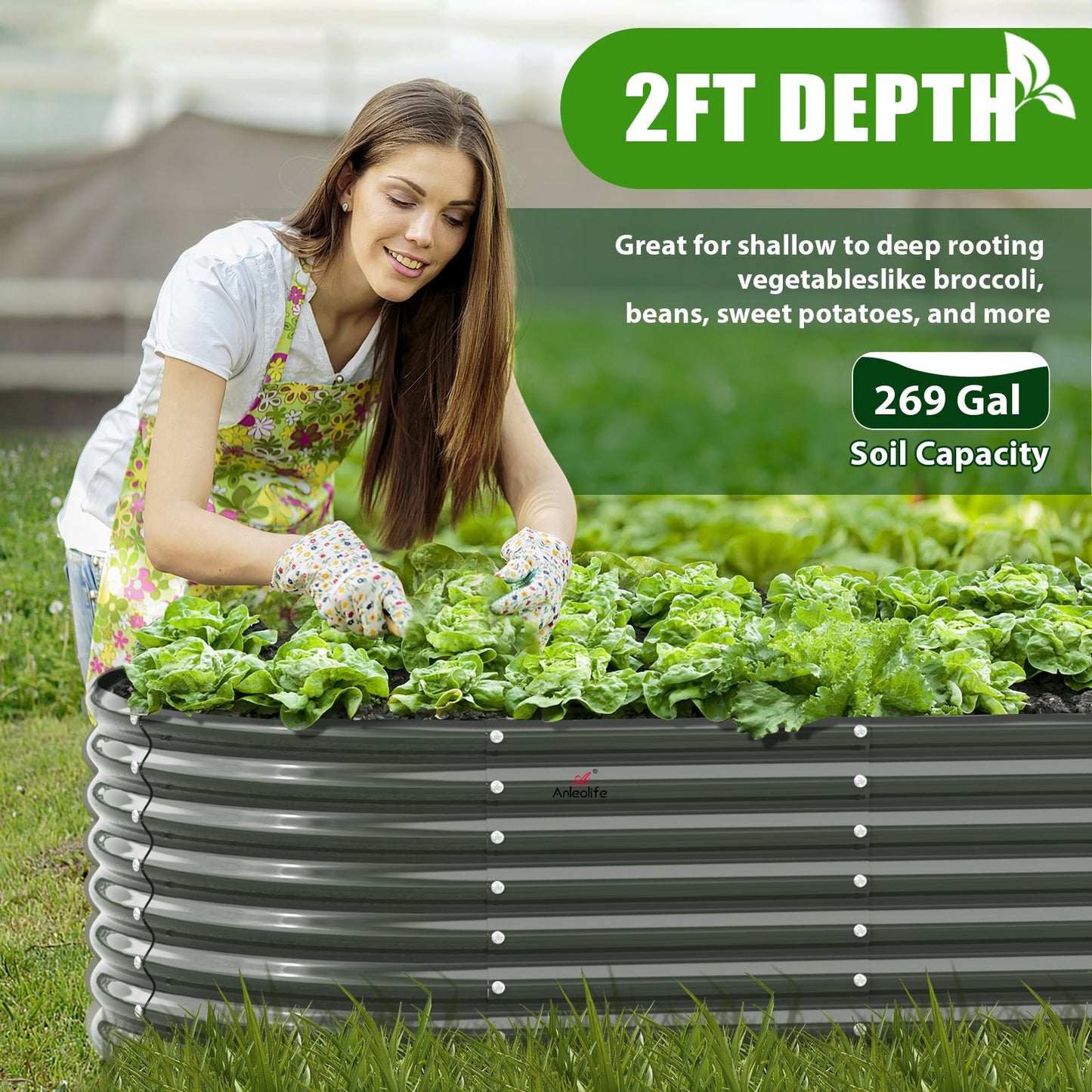 6x3x2ft Sturdy Oval  Metal Raised Garden Bed Set (Grey)