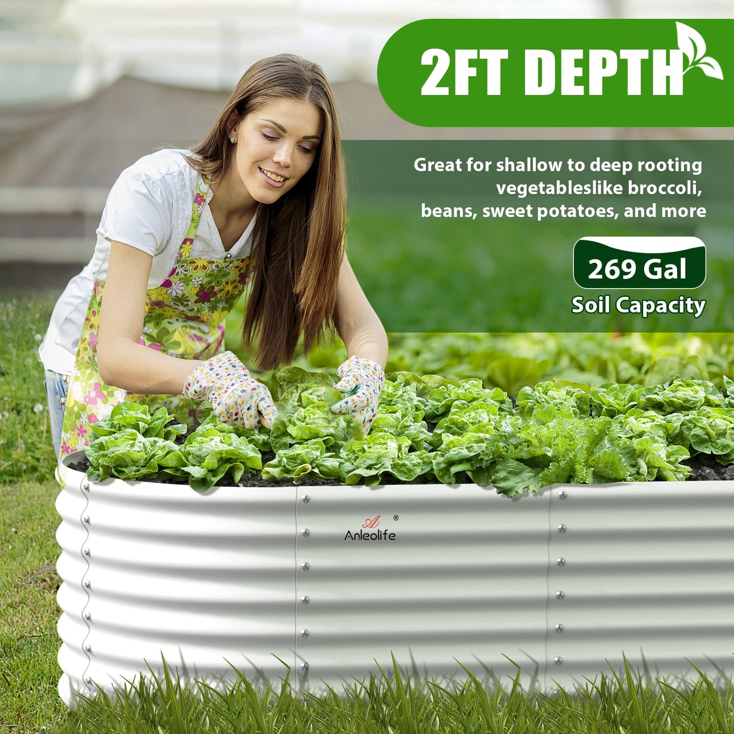 6x3x2ft Oval Metal Raised Modular Garden Bed Set (White)