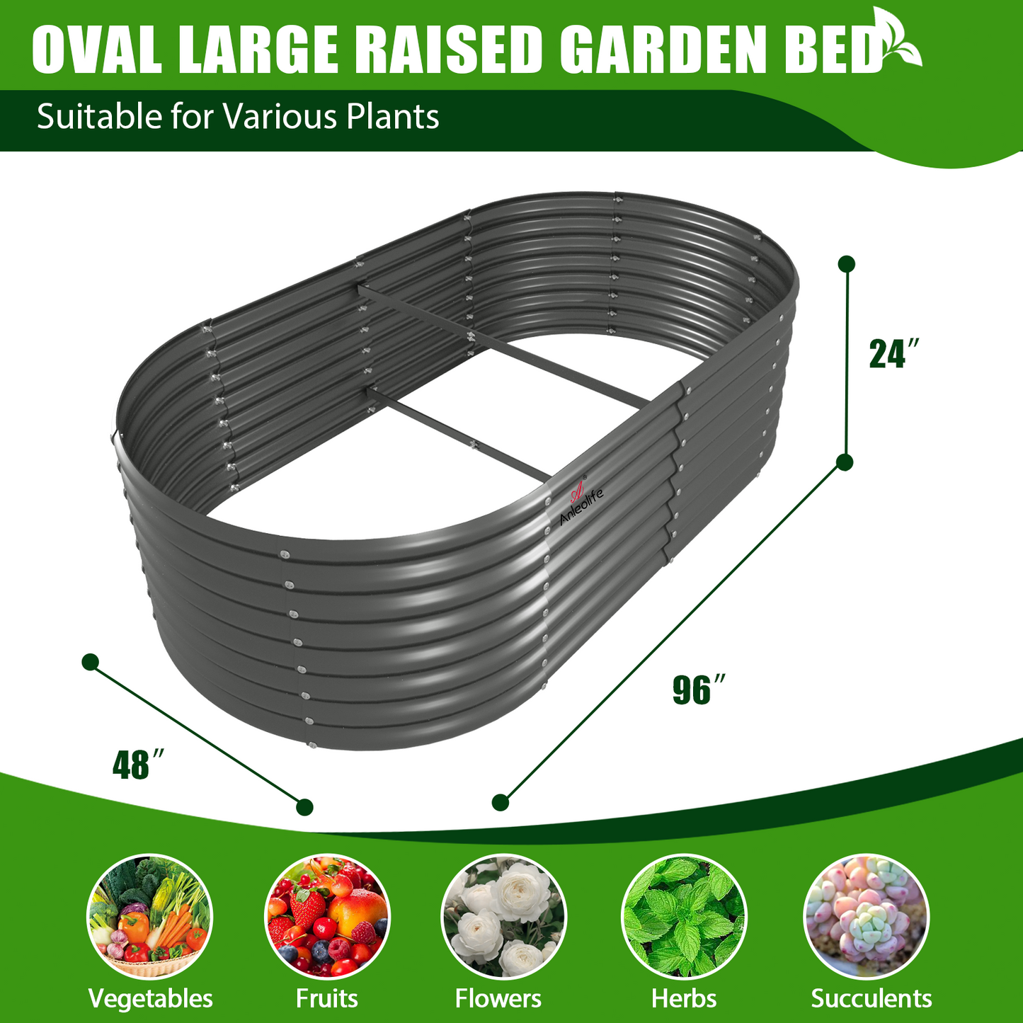 8x4x2ft  Oval Modular Sturdy Metal Raised Garden Bed Set (Grey)