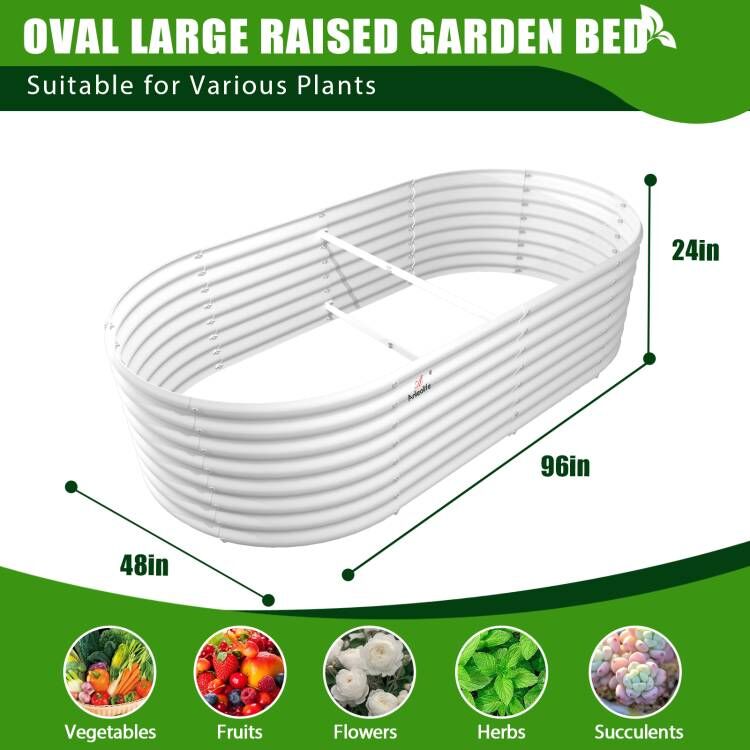 8x4x2ft Oval Modular Metal Raised Garden Bed (White)