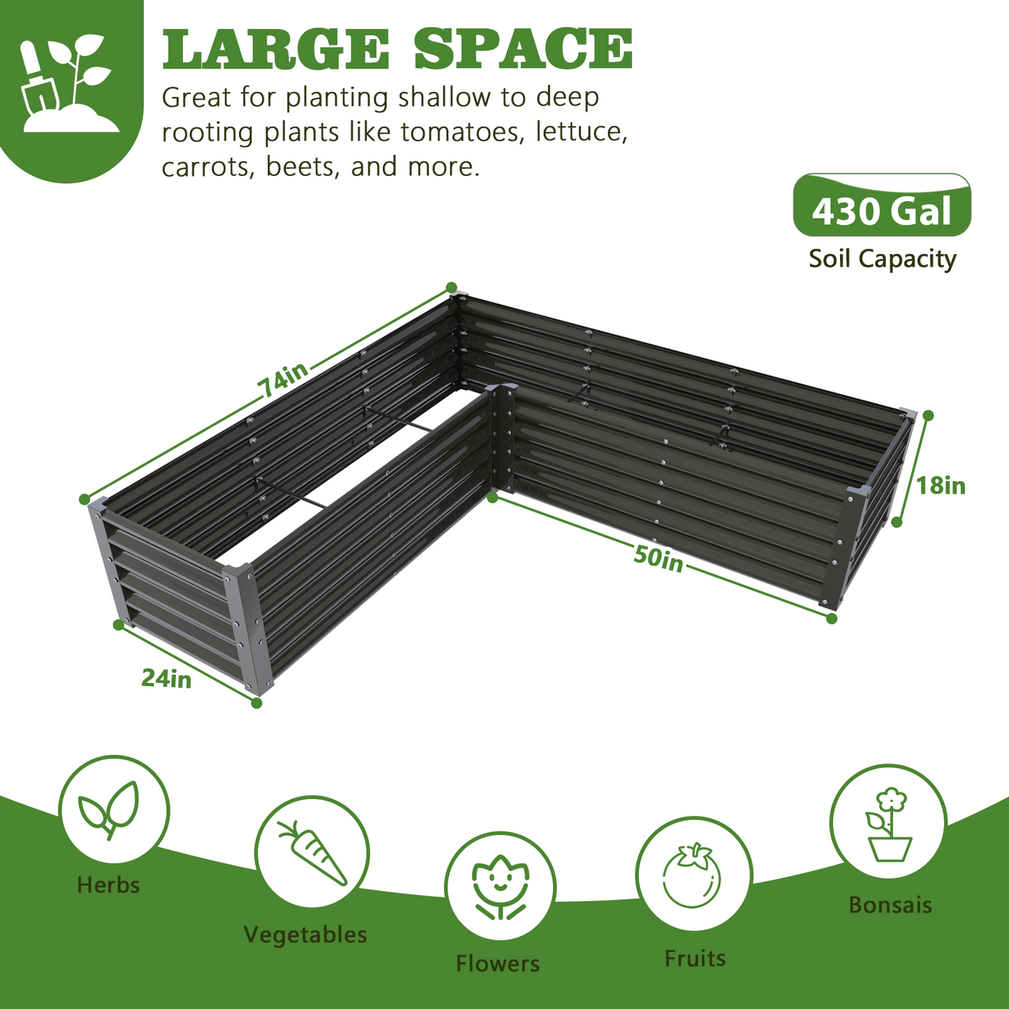 74''x74''x18'' L-shaped Galvanized Steel Raised Garden Bed - Grey