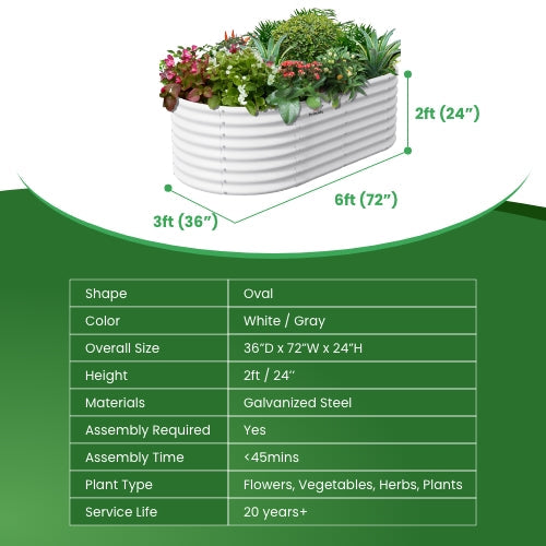 6x3x2ft Oval Metal Raised Modular Garden Bed Set (White)