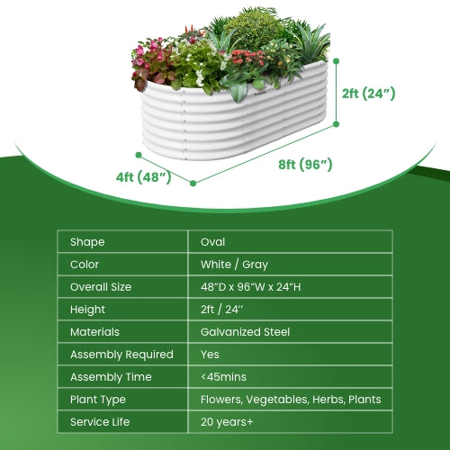 8x4x2ft Oval Modular Metal Raised Garden Bed (White)