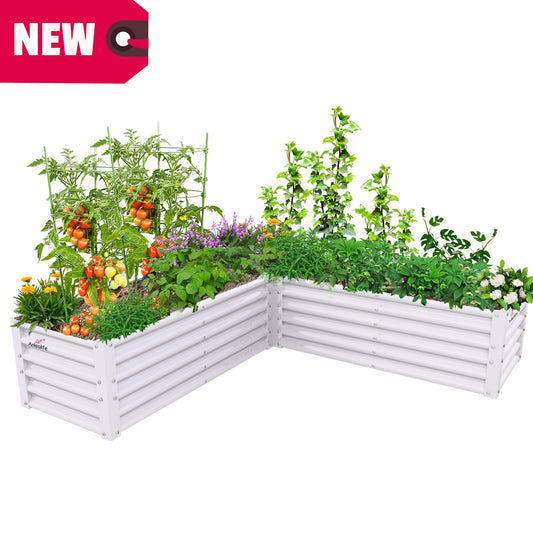 74''x74''x18'' L-shaped Galvanized Steel Raised Garden Bed - White