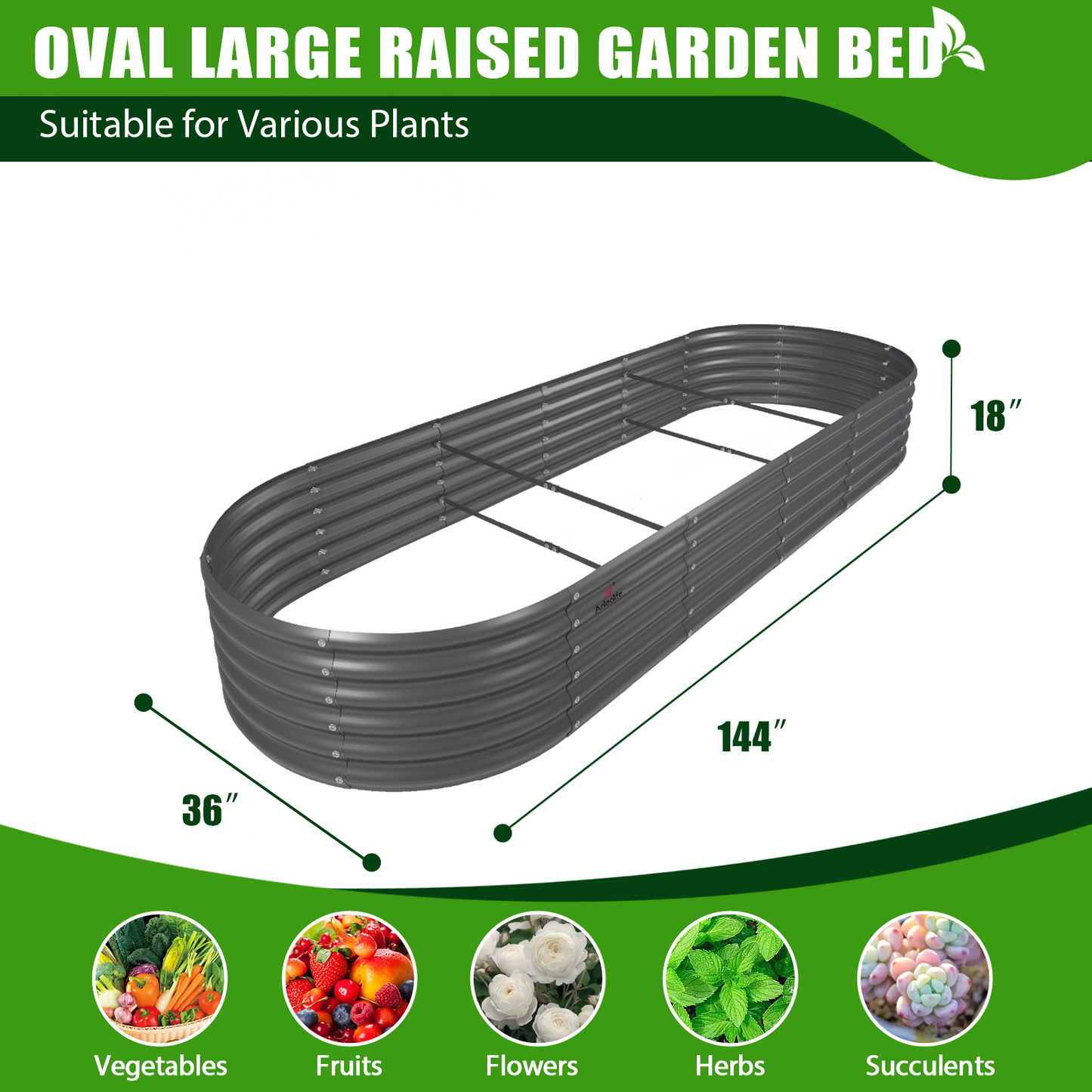 12x3x1.5ft Oval Modular Metal Raised Garden Bed Set (White/Grey)