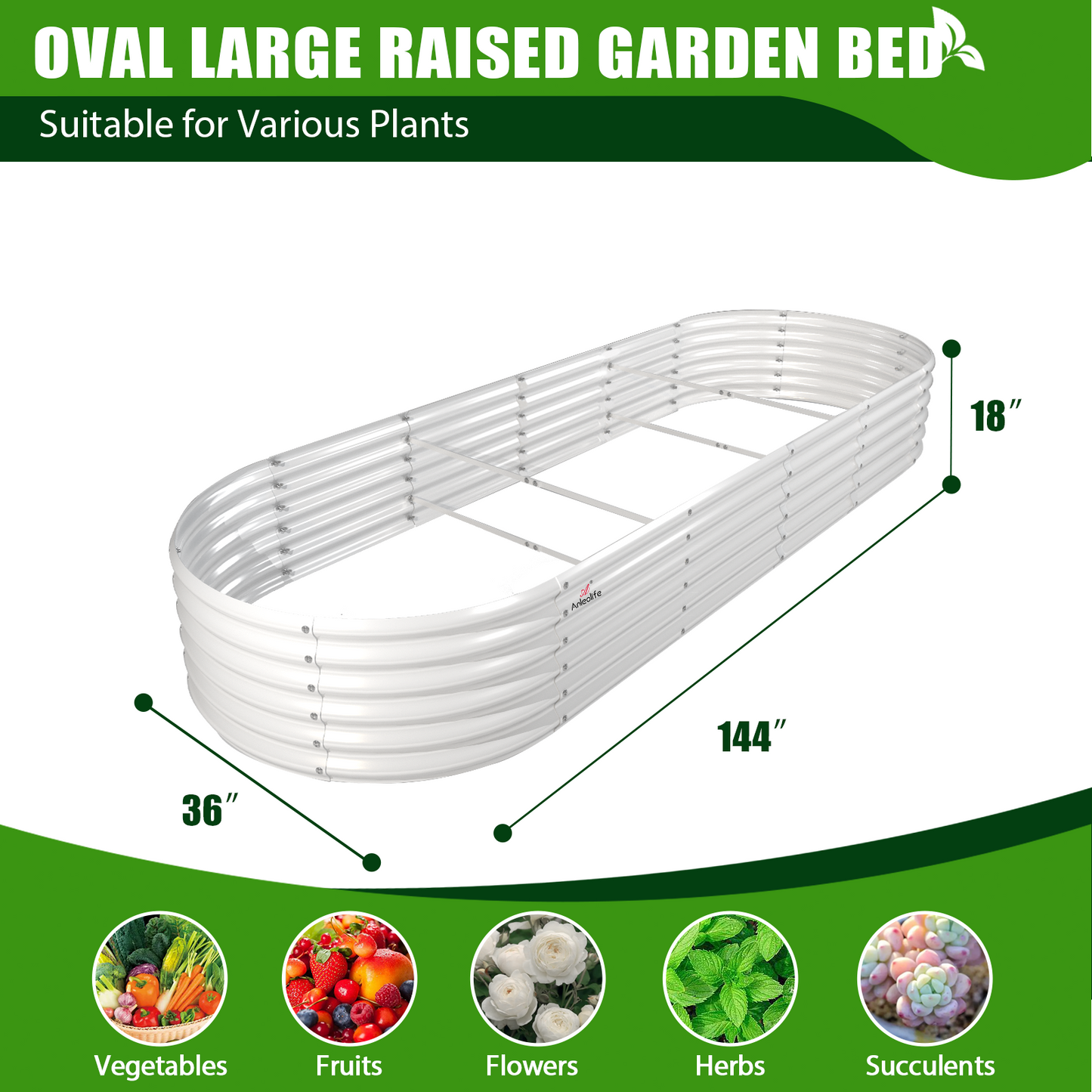 12x3x1.5ft Oval Modular Metal Raised Garden Bed Set (White/Grey)