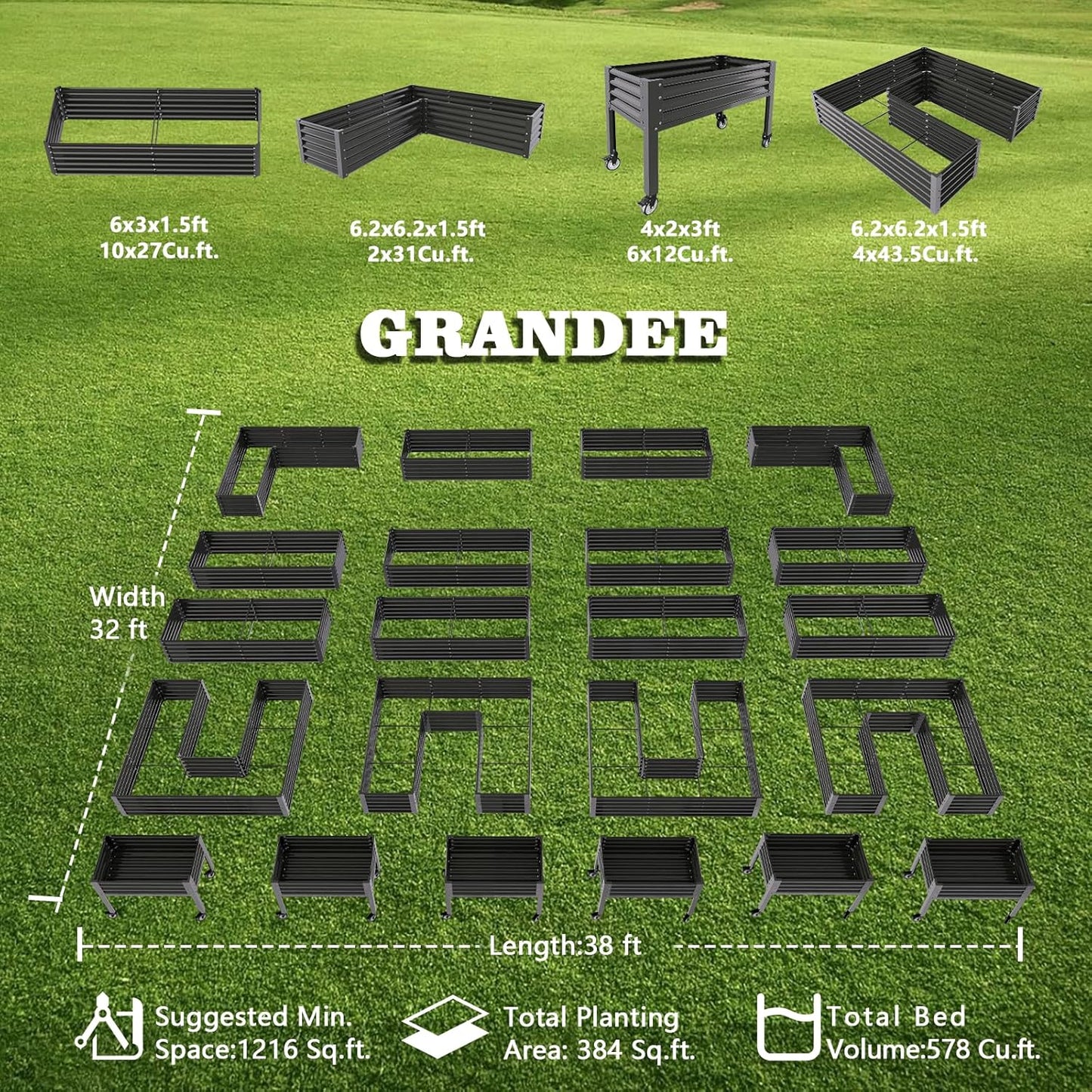 18" Tall Modular Raised Garden Bed Set, 22-Piece Grey Layout for Customizable Gardening